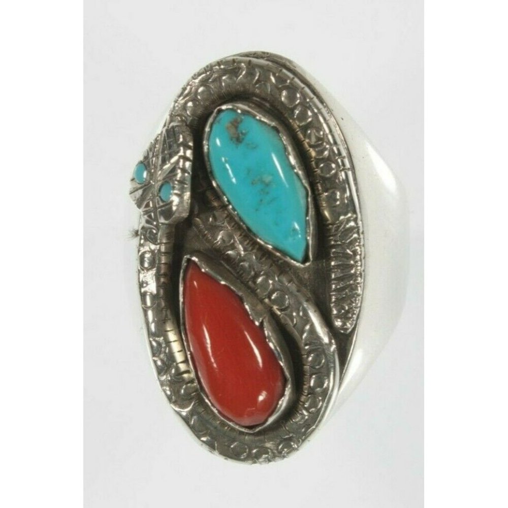 Men's Zuni Sterling Silver Turquoise & Coral Snake Ring By Ray Nieto Size 10